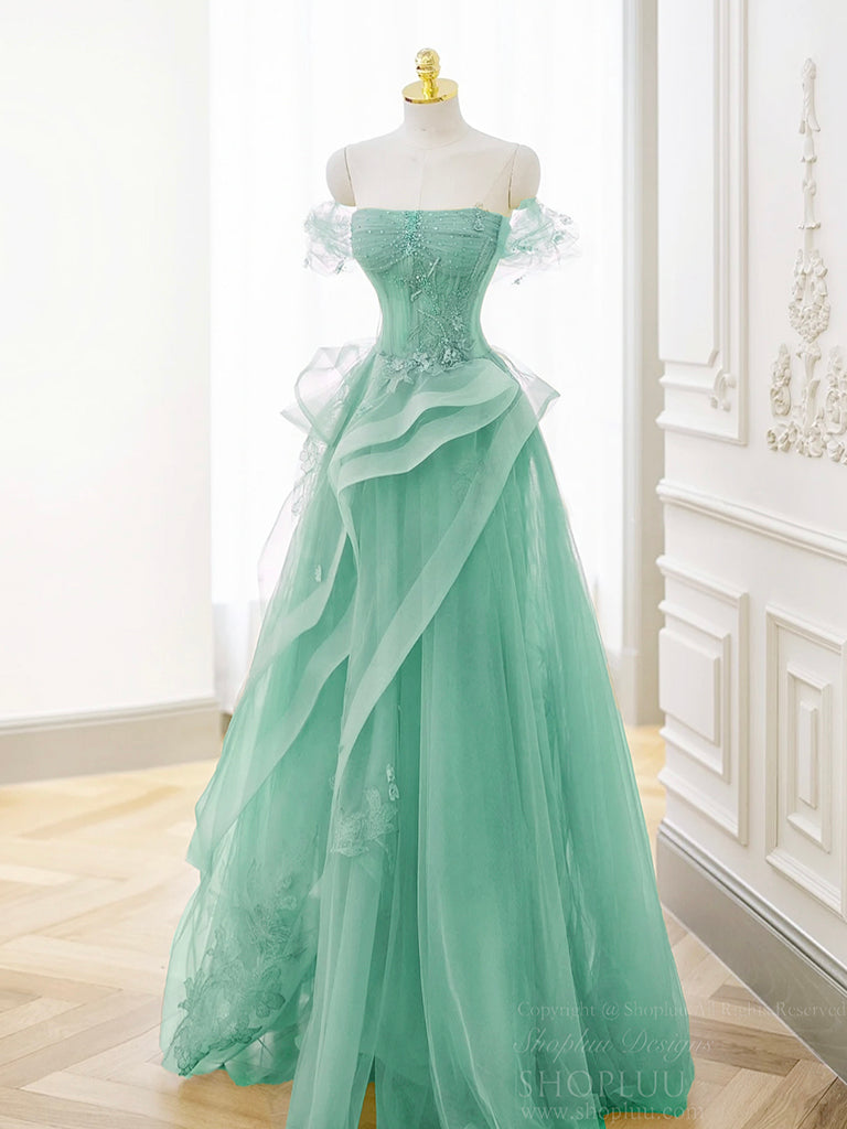 A-Line Off Shoulder Tulle Lace Mint Blue Long Prom Dress, Mint Blue Lo