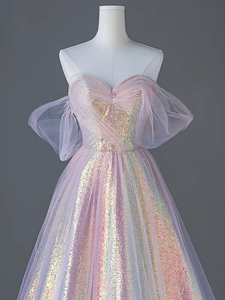 Pink Sweetheart Neck Tulle Sequin Long Prom Dress, Pink Long Graduation Dress
