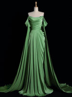 A-Line Off Shoulder Satin Green Long Prom Dress, Green Long Formal Dress