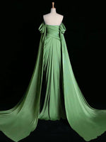 A-Line Off Shoulder Satin Green Long Prom Dress, Green Long Formal Dress