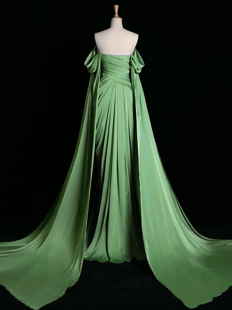 A-Line Off Shoulder Satin Green Long Prom Dress, Green Long Formal Dress