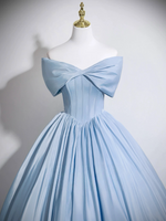 A-Line V Neck Satin Blue Long Prom Dress, Blue Long Formal Dress