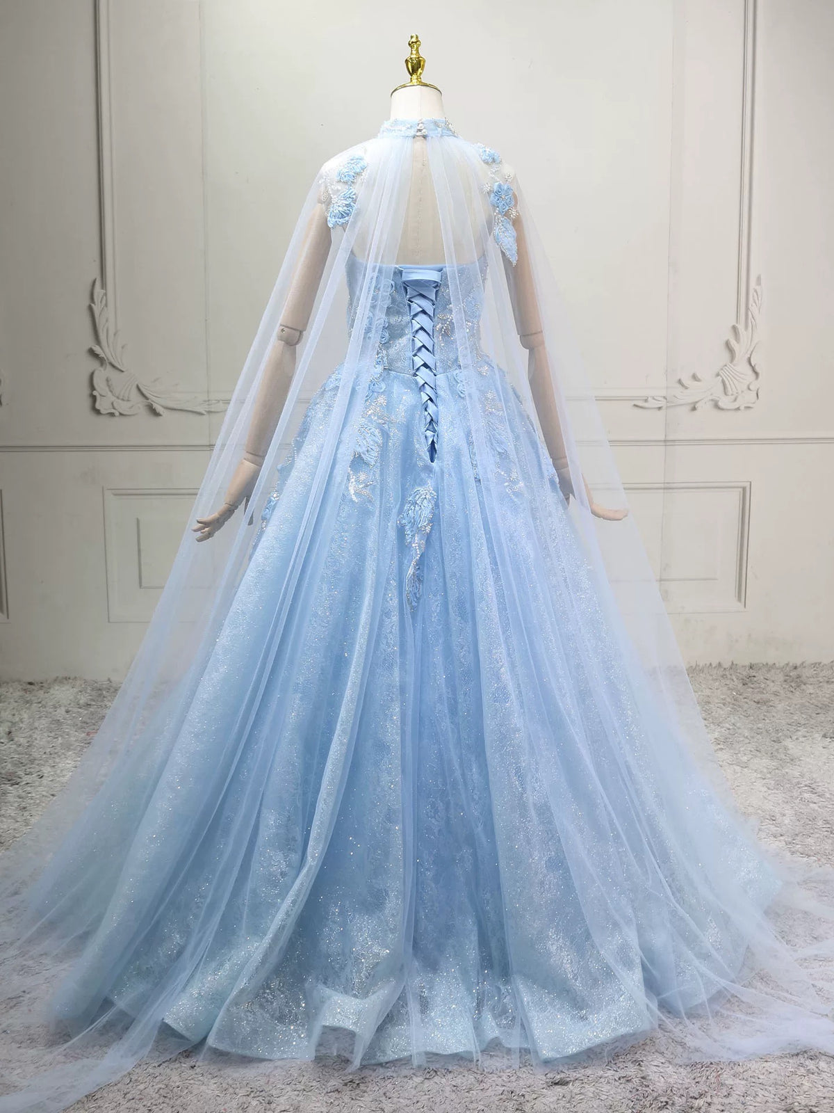 A-Line Sweetheart Neck Lace Blue Long Prom Dress, Blue Sweet 16 Dress