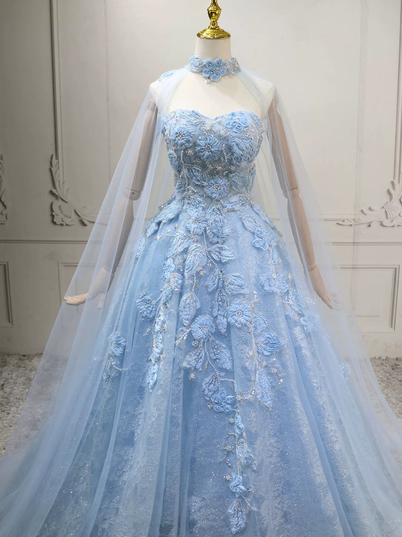 A-Line Sweetheart Neck Lace Blue Long Prom Dress, Blue Sweet 16 Dress