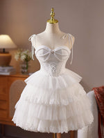A-line Sweetheart Neck Tulle Lace White Short Prom Dress, White Homecoming Dress