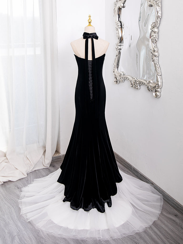 Mermaid Velvet Tulle Black Long Prom Dress, Black Long Formal Dress