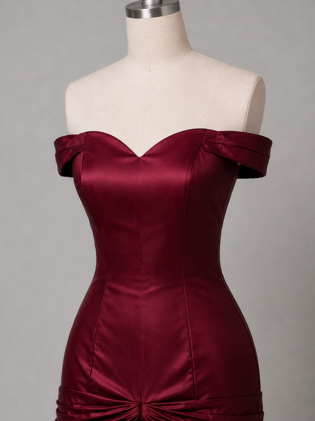 Mermaid Sweetheart Off Shoulder Satin Ruffles Burgundy Long Prom Dress