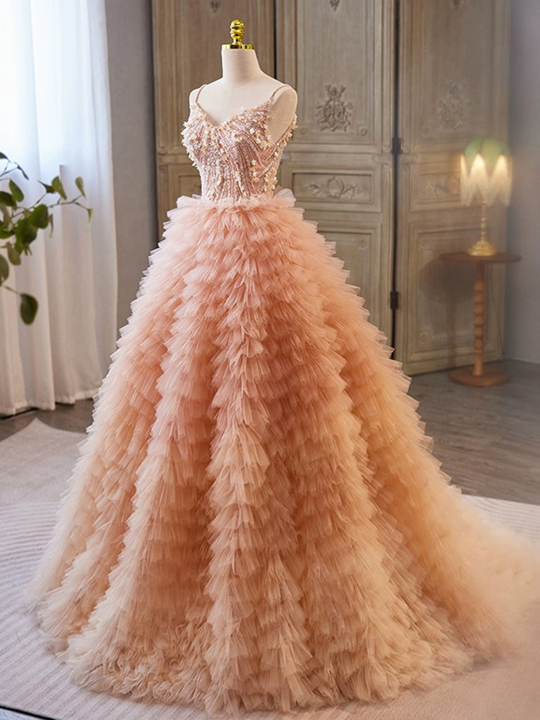 pink dress with orange lace V Neck Orange Pink Lace Floral Prom Dresses, V Neck Floral Long Formal jbydress