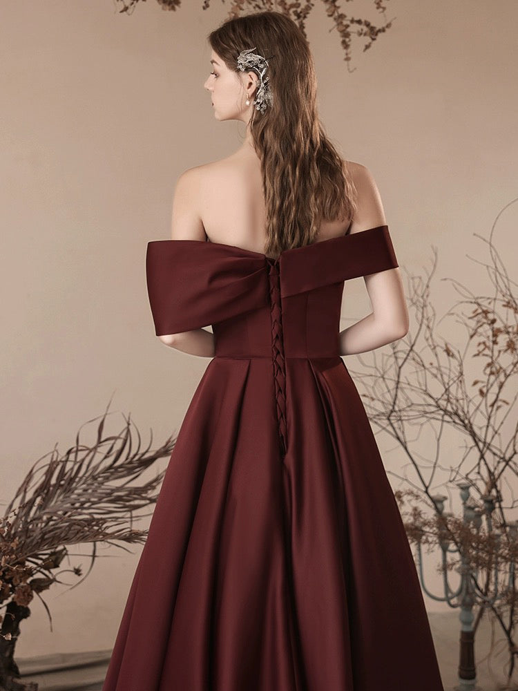 A-Line off Shoulder Satin Dark Burgundy Long Prom Dress, Satin Long Formal Dress