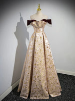 A-Line Off Shoulder Satin Champagne Long Prom Dress, Champagne Long Formal Dress