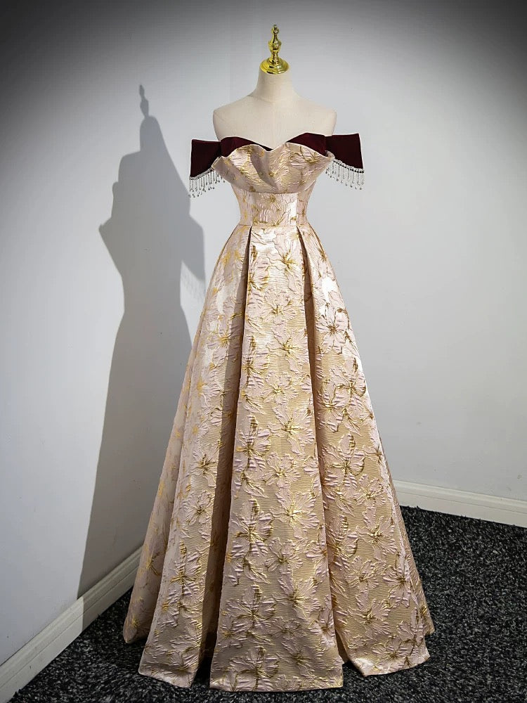 A-Line Off Shoulder Satin Champagne Long Prom Dress, Champagne Long Formal Dress