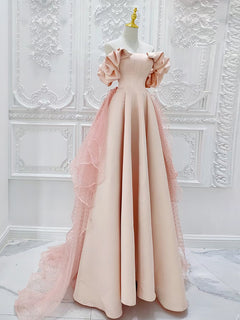 A-Line Off Shoulder Statin Tulle Pink Long Prom Dress, Pink Long Formal Dress