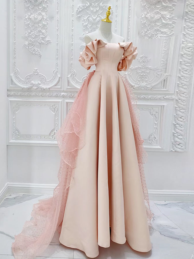 A-Line Off Shoulder Statin Tulle Pink Long Prom Dress, Pink Long Formal Dress