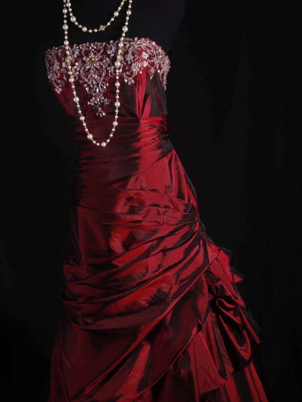 A-line Satin irregular Lace Sequin Burgundy Long Prom Dress