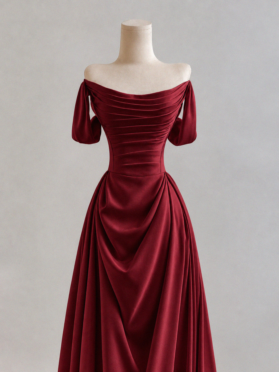 A-line Spoon Neck Off Shoulder Burgundy Long Prom Dress