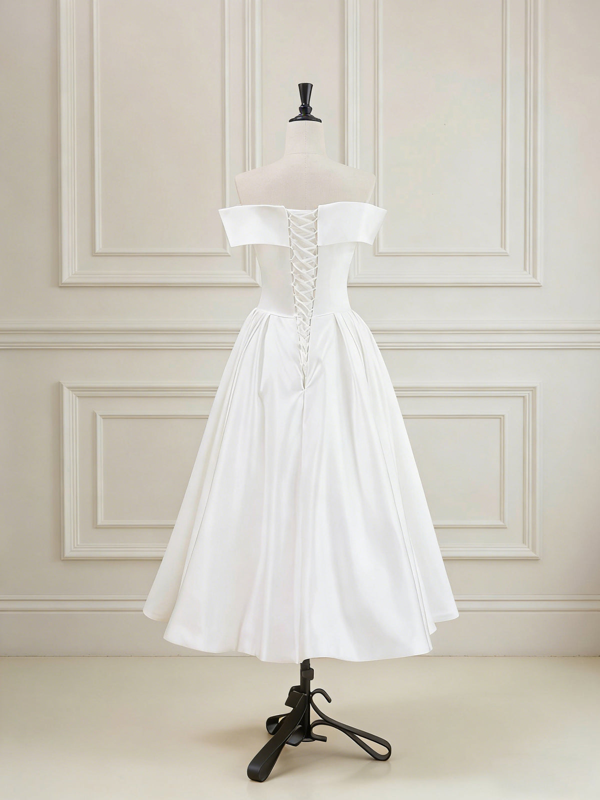 White A-Line Off Shoulder Satin Short Prom Dress