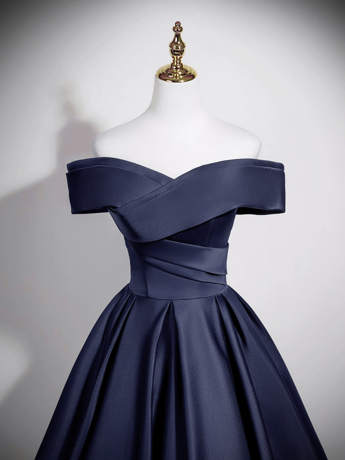 A-Line Off Shoulder Satin Dark Blue Long Prom Dress, Dark Blue Long Formal Dress