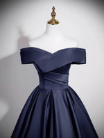 A-Line Off Shoulder Satin Dark Blue Long Prom Dress, Dark Blue Long Formal Dress
