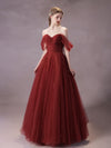 A-Line Off Shoulder Tulle Burgundy Long Prom Dress, Burgundy Long Formal Dress
