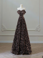 Off Shoulder A-Line Coffee Gold Sequin Long Prom Dress, Coffee Gold Evening Dress