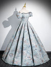 A-Line Puff Sleeves Satin Gray Blue Long Prom Dress, Gray Blue Long Evening Dress