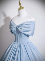 A-Line V Neck Satin Blue Long Prom Dress, Blue Long Formal Dress