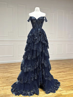 A-Line Tulle Sequin Dark Blue Long Prom Dress, Dark Blue Sequin Long Formal Dress