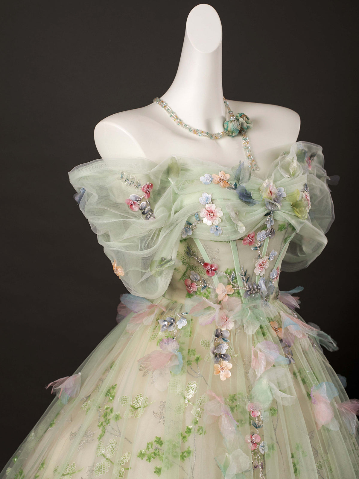A-Line Off Shoulder Tulle Lace Green Long Prom Dress, Green Long Sweet 16 Dress