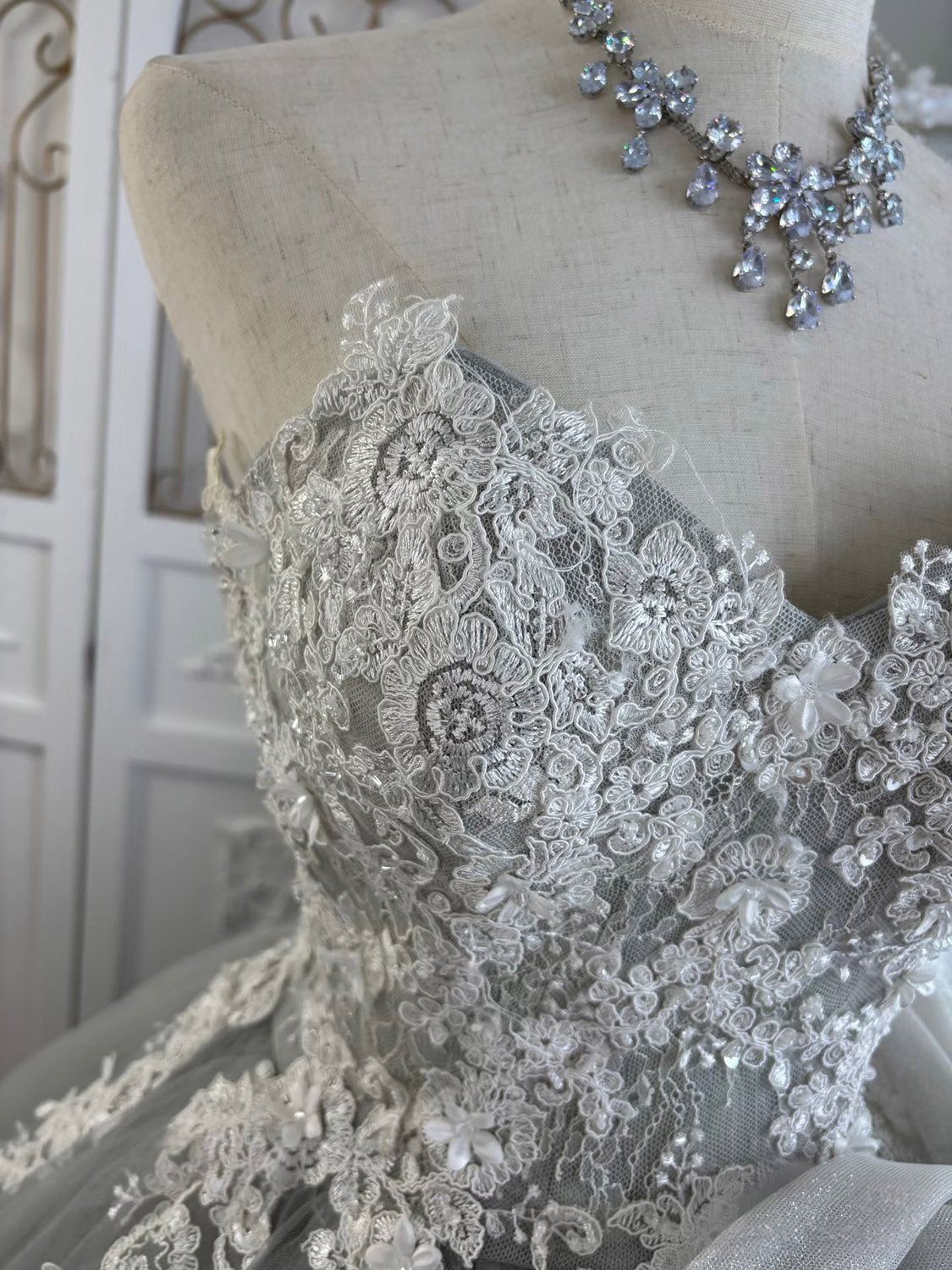 A-line Sweetheart Tulle Lace Floor Length Gray Prom Dress