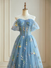 Blue A-Line Tulle Lace Long Prom Dress, Blue Lace Long Formal Dress