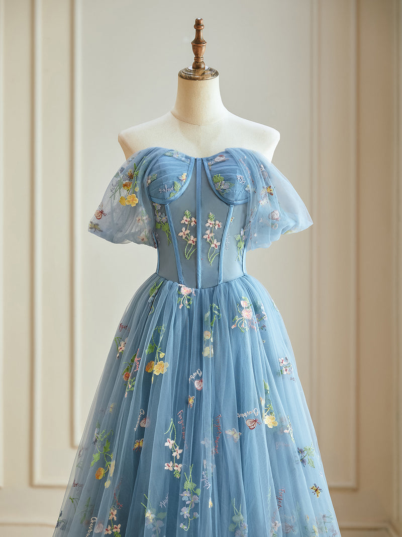 Dark Blue Tulle Long Prom Dress, A-Line Tulle Off Shoulder Blue Weddin –  shopluu