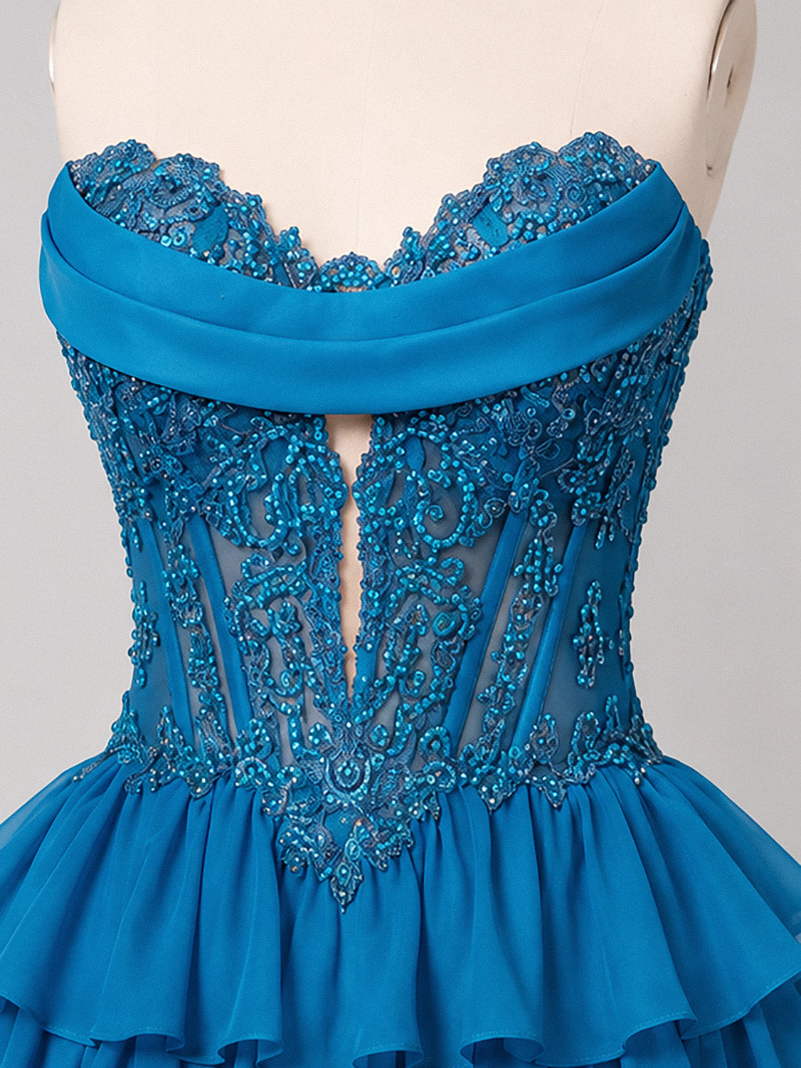 A-Line Sweetheart Chiffon Lace Applique Short Blue Prom Dress