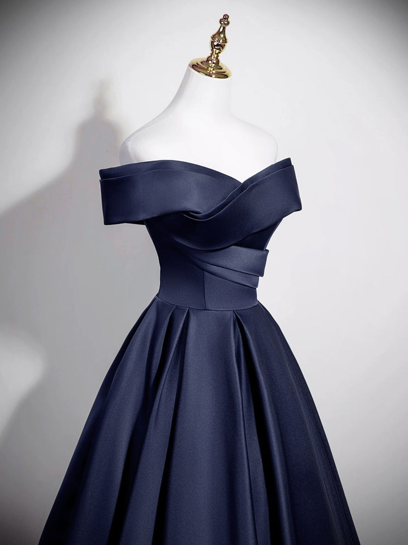 A-Line Off Shoulder Satin Dark Blue Long Prom Dress, Dark Blue Long Formal Dress