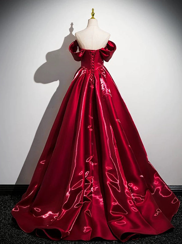 A-Line Off Shoulder Satin Burgundy Long Prom Dress, Burgundy Long Formal Dress