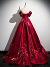 A-Line Off Shoulder Satin Burgundy Long Prom Dress, Burgundy Long Formal Dress