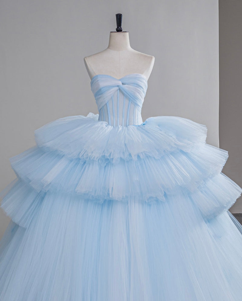 Blue Sweetheart Neck Tulle Long Prom Gown, Blue Sweet 16 Dress