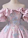A-Line Off Shoulder Lace Applique Pink Long Prom Dress