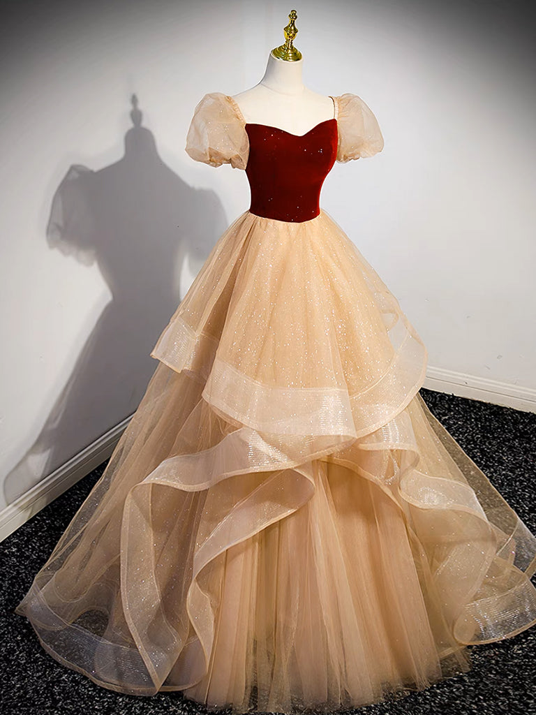 Cute Velvet Tulle Long Prom Dress, A-Line Short Sleeve Formal Dress US 10 / Picture Color Cute Velvet Tulle Long Prom Dress, A-Line Short Sleeve Formal Dress US 10 / Picture Color