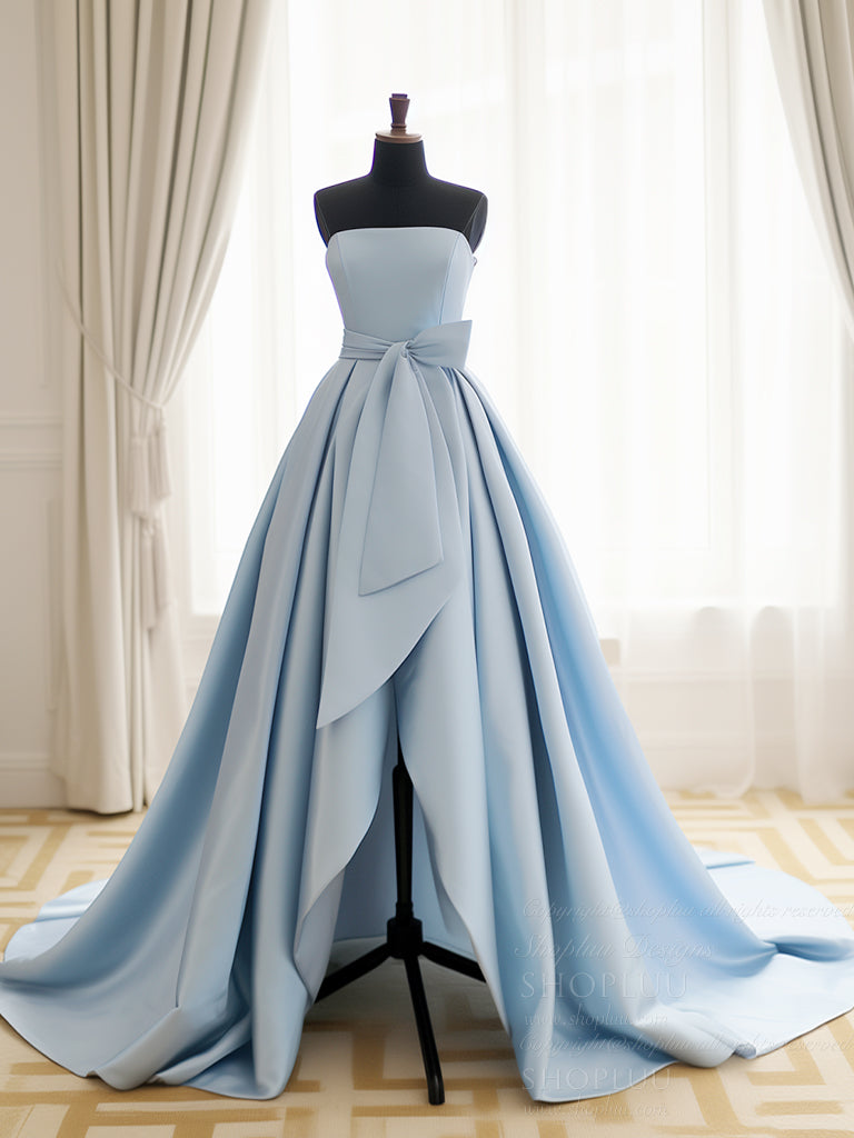 Simple Design Light Blue Satin A-line Prom Dresses