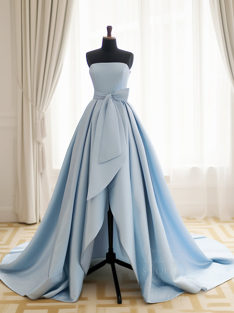 A-Line Satin Blue Long Prom Dress, Blue Satin Long Formal Dress