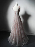 A-Line Sweetheart Neck Tulle Lace Pink Long Prom Dress, Pink Long Formal Dress