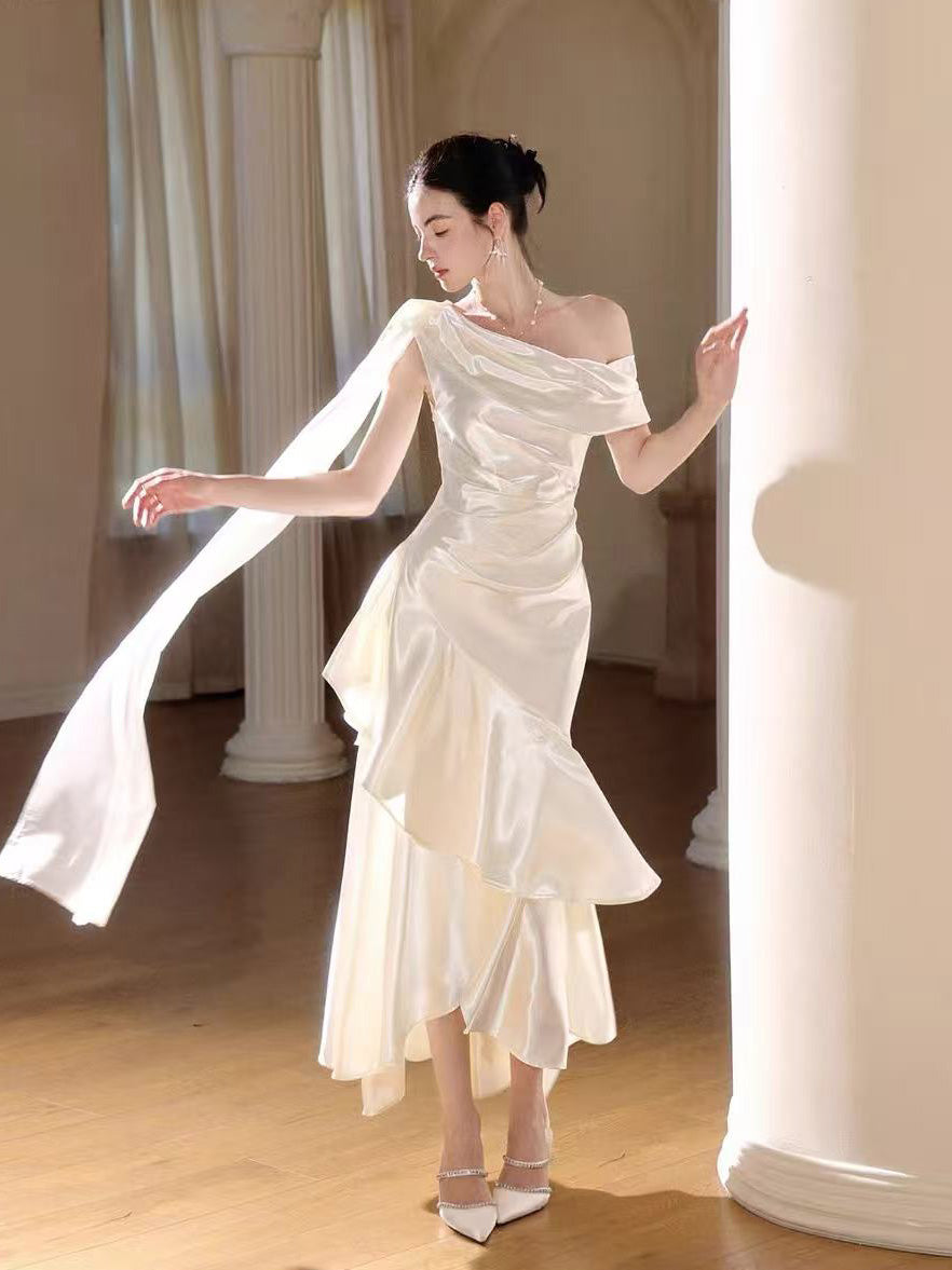 Simple One Shoulder ivory Satin Long Prom Dress with Cascading Ruffles
