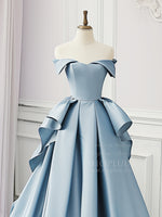A-Line Off Shoulder Satin Blue Long Prom Dress, Blue Satin Long Formal Dress
