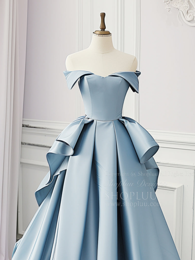 Simple A-Line Satin Blue Long Prom Dress, Blue Satin Long Formal Dress ...