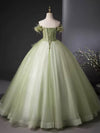 A-Line Off Shoulder Tulle Green Long Prom Dress, Green Long Evening Dress