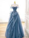 A-Line Off Shoulder Tulle Lace Gray Blue Long Prom Dress, Gray Blue Long Formal Dress