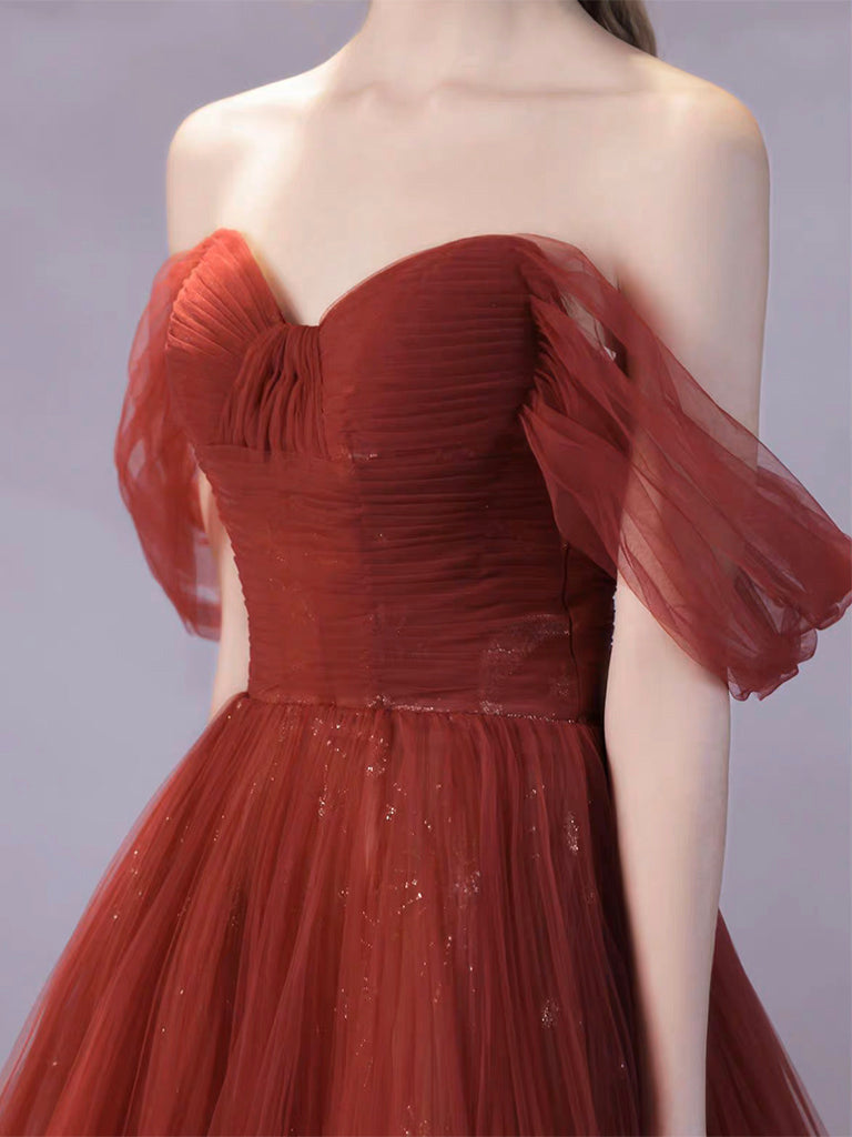 A-Line Off Shoulder Tulle Burgundy Long Prom Dress, Burgundy Long Formal Dress