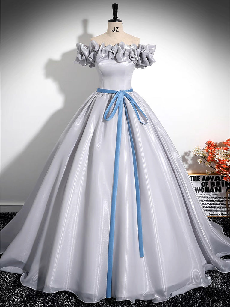 A-Line Off Shoulder Gray Satin Long Prom Dress, Gray Long Formal Dress