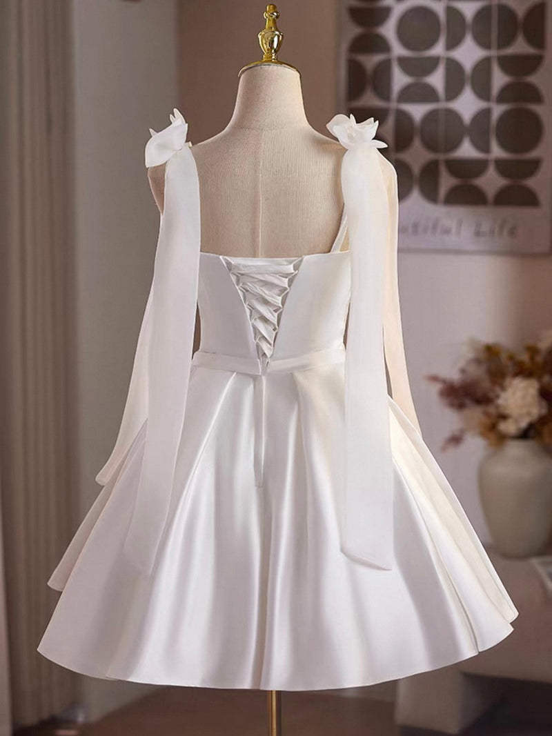 White Satin Knee Length Prom Dress, Lovely A-Line Party Dress White Bow US 6 / White White Satin Knee Length Prom Dress, Lovely A-Line Party Dress White Bow US 6 / White