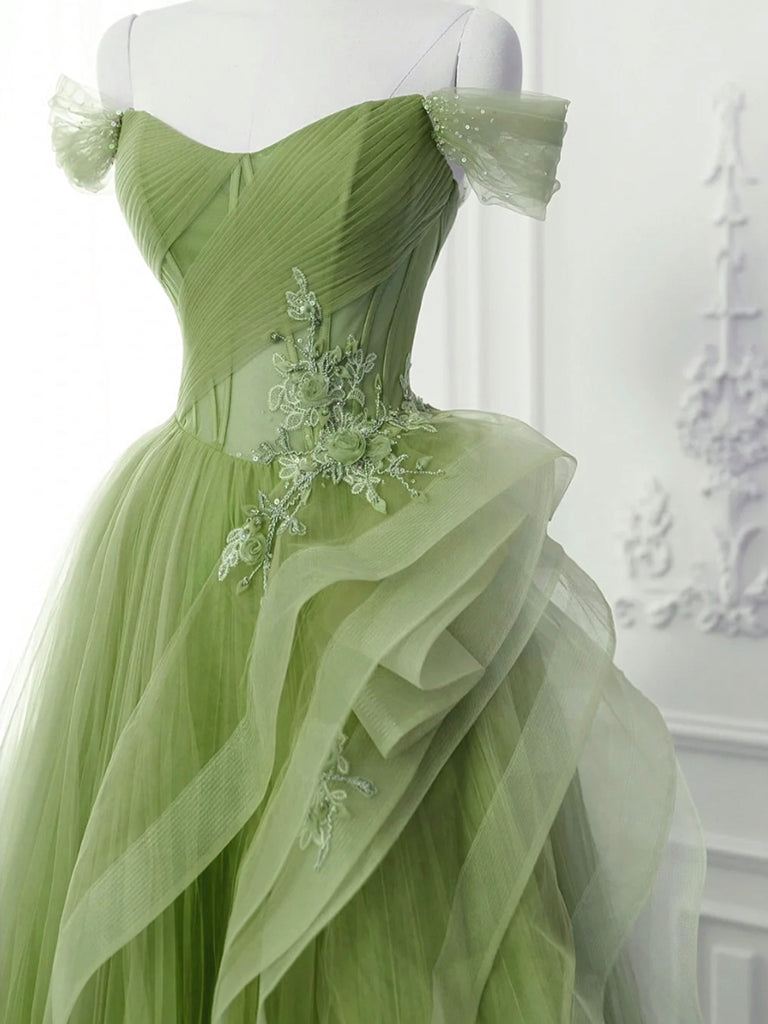 Green A-Line Off Shoulder Long Prom Dress, Green Lace Long Evening